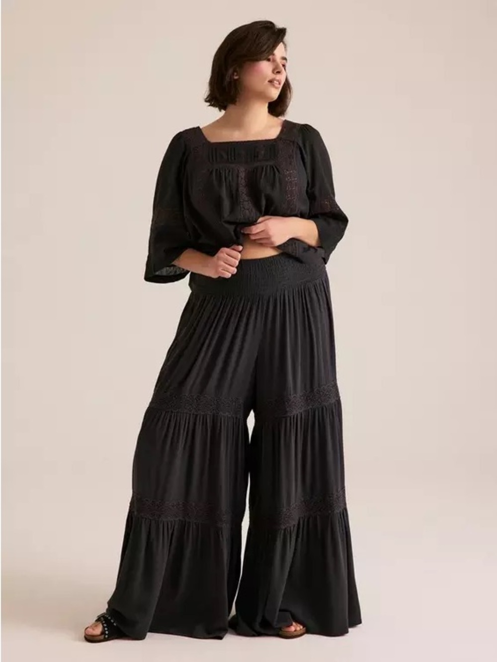 Festi Smocked Waist Tiered Wide Leg Pants Boho - Picture 3 of 10
